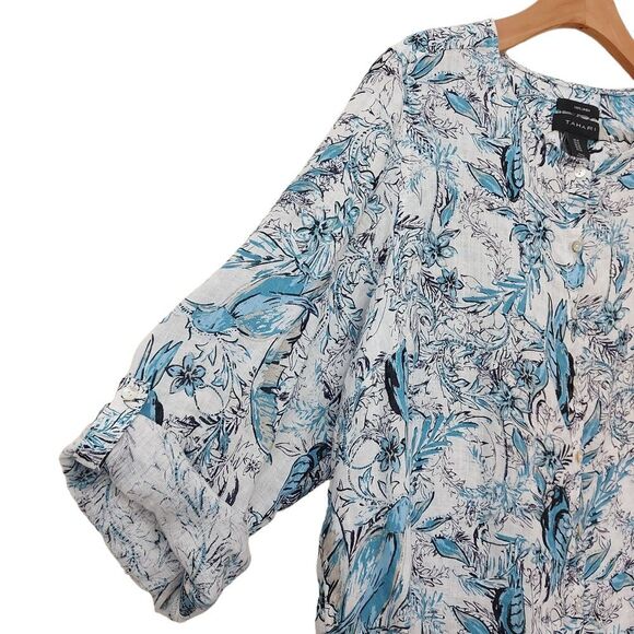 Tahari Linen Blouse Womens 1X White Blue Roll Tab Sleeve Button Up Floral Casual - Picture 4 of 12